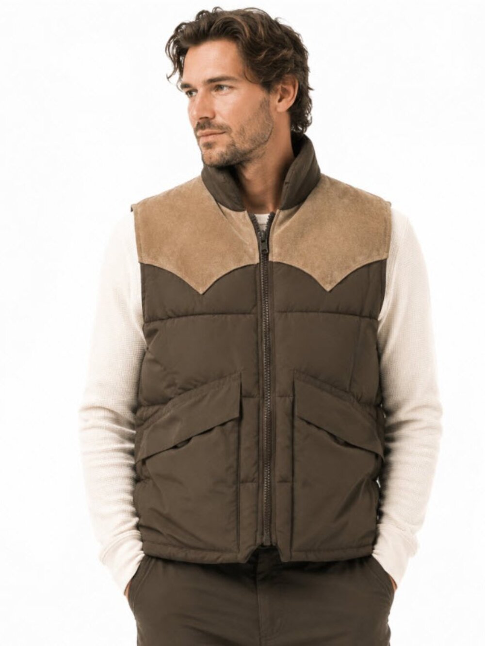 LWL Brown Down Puffer Vest Suede Yoke Feather Fill Men's Large Vintage